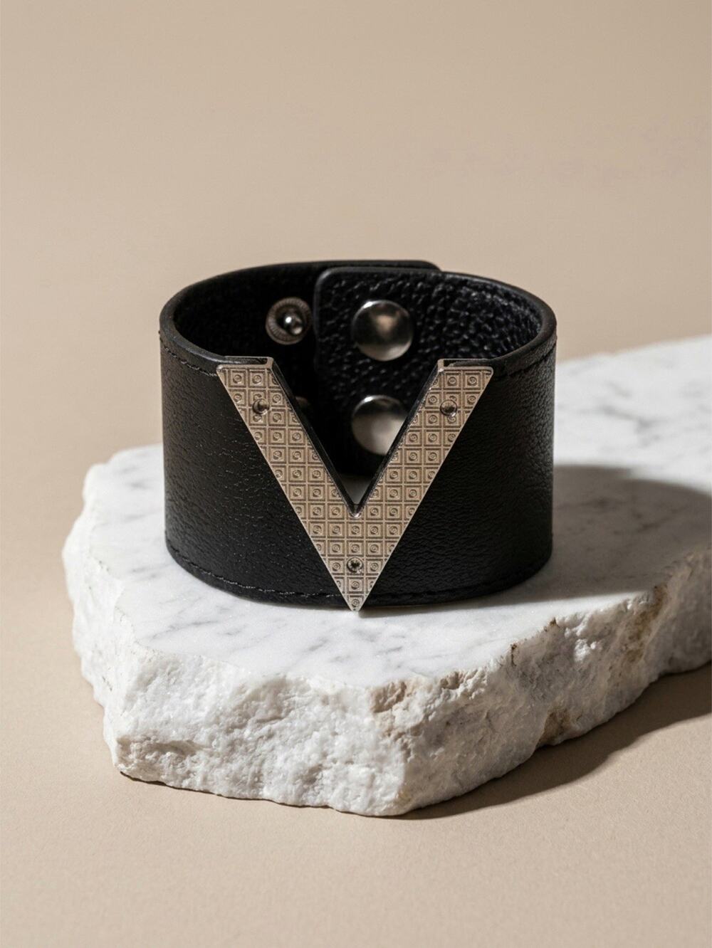 Unbranded Black Genuine Faux Leather Wide Cuff Belt Bracelet Adjustable Silver